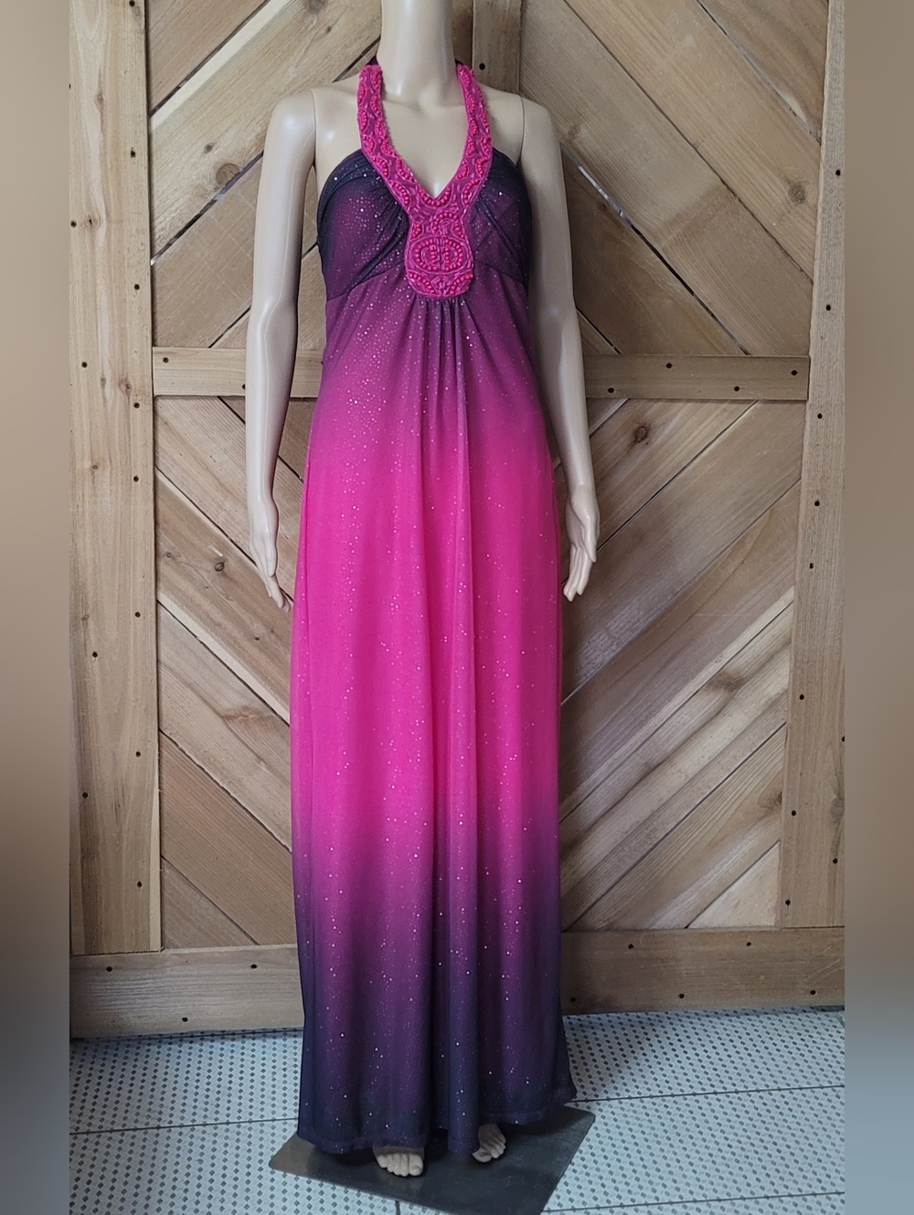 Roulette Pink to Charcoal Ombre Beaded Halter Maxi Dress